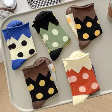 All-Season Polka Dot Cotton Socks - Trendy Rolled Cuff Style