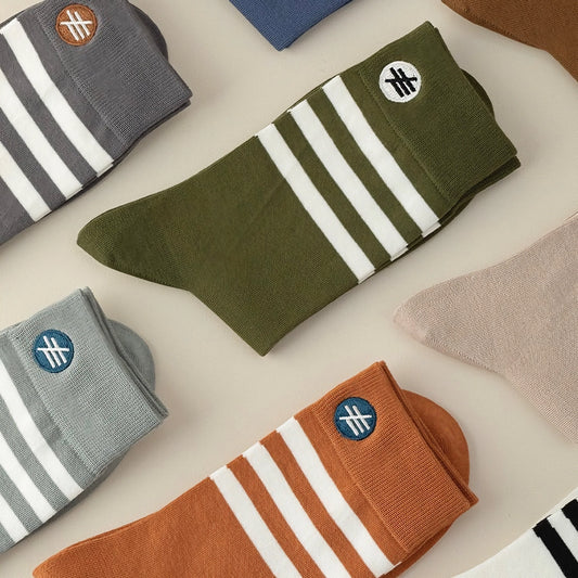 Men's Cotton Sport-Casual Socks, Brown with White Stripes