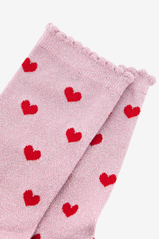 Sparkling Glitter Hearts Print Socks With A Scalloped Cuff
