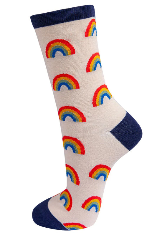 Women’s Bamboo Socks Rainbow, Cream/Navy Blue socks, comfortable, stylish, breathable, soft, stretchy and machine washable.