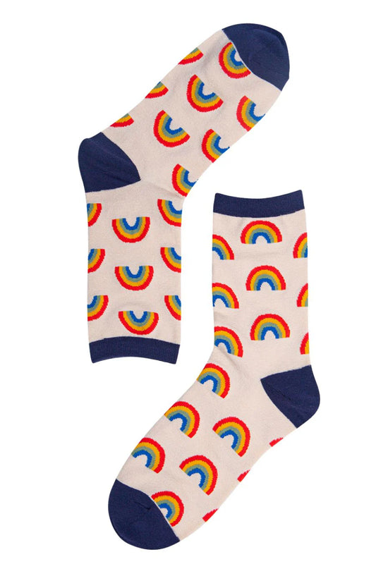 Women’s Bamboo Socks Rainbow, Cream/Navy Blue socks, comfortable, stylish, breathable, soft, stretchy and machine washable.