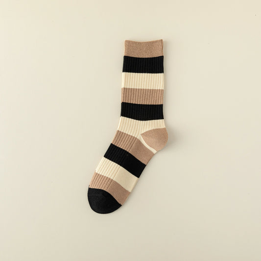 Women's Black,Brown and Cream Striped Cotton Socks