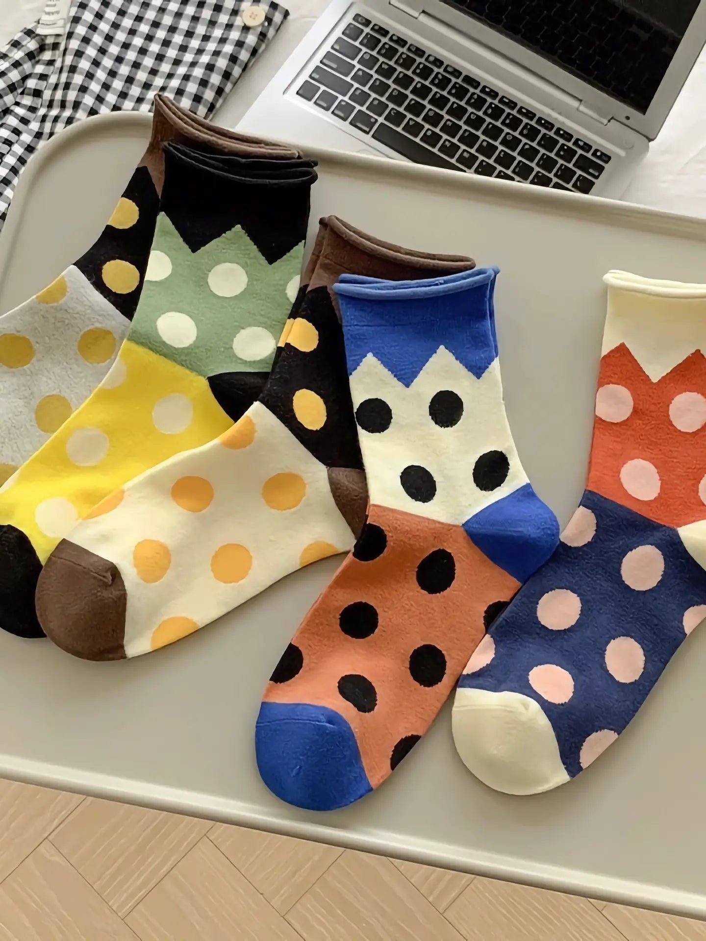 Women's Polka Dot Cotton Socks, Brown,Yellow and Black.