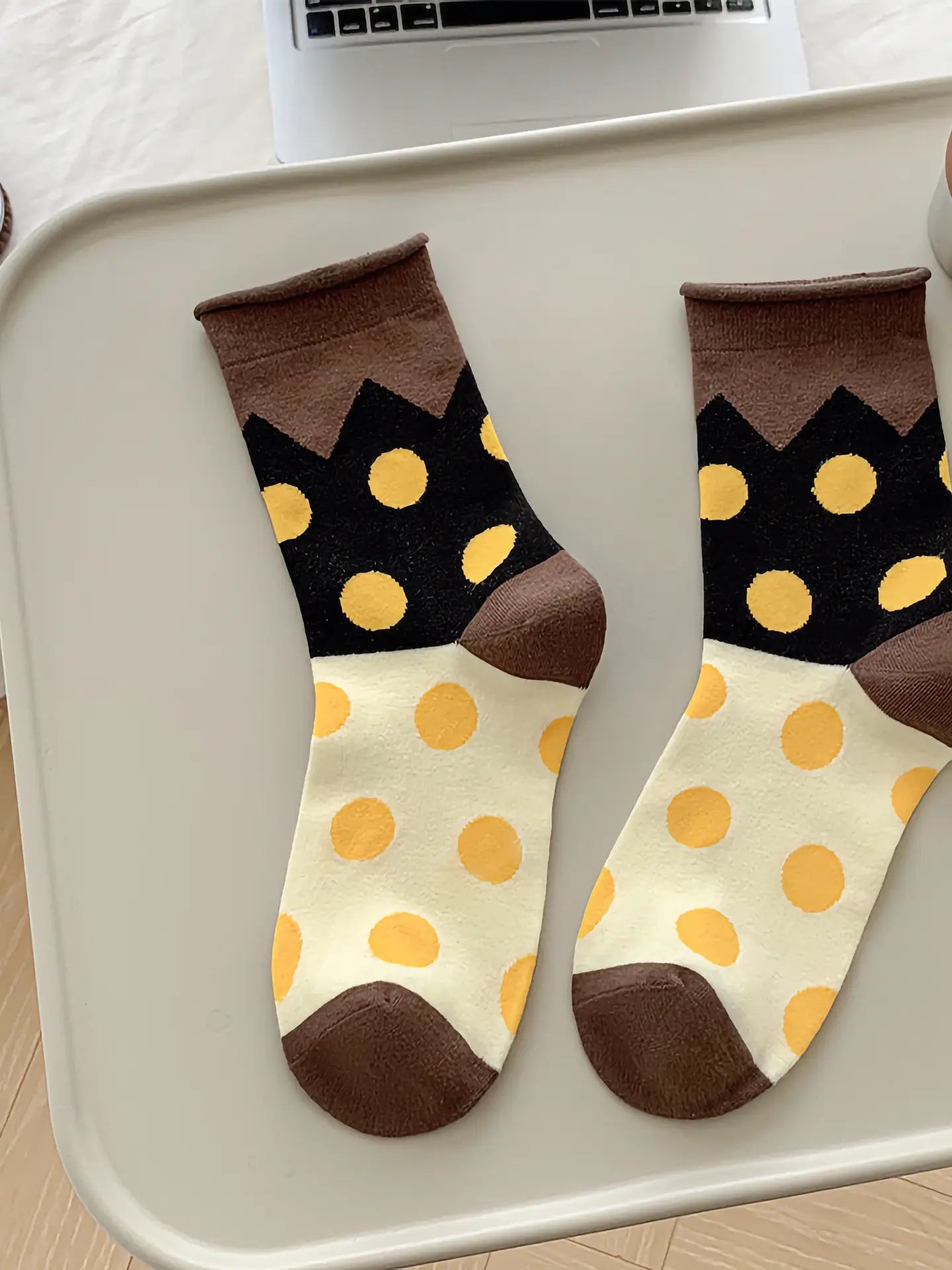 Women's Polka Dot Cotton Socks, Brown,Yellow and Black.