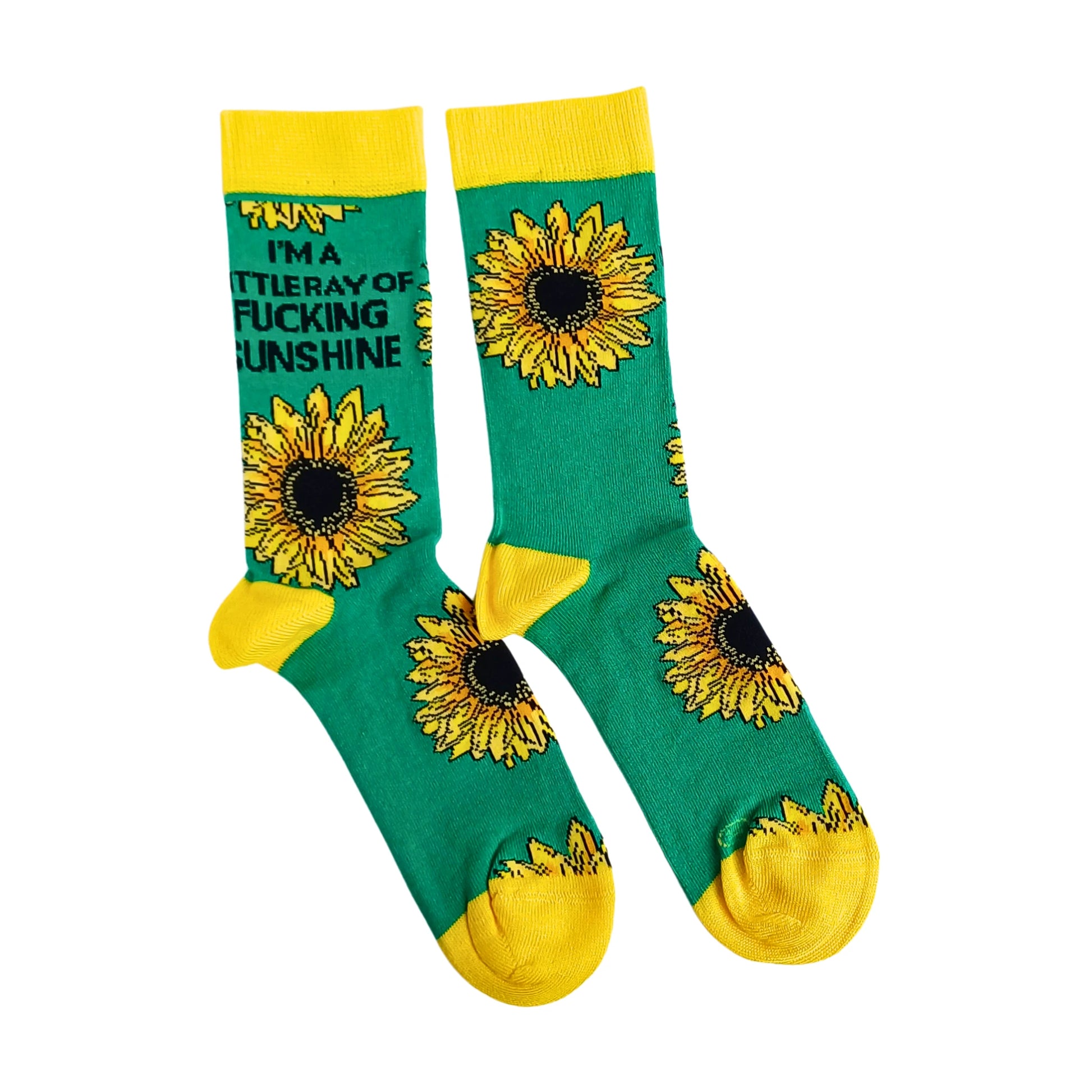 Funny sunflower bamboo socks with cheeky slogan flat lay