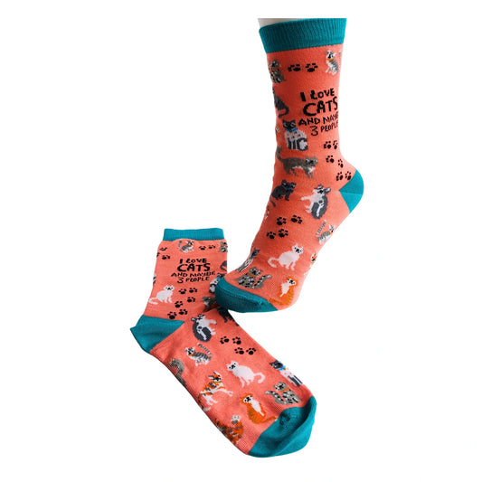 I Love Cats and Maybe 3 People bamboo socks – close-up view showing slogan and cat pattern.
