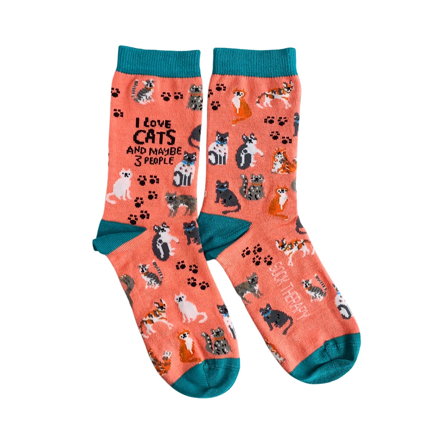 Funny bamboo socks with “I love cats and maybe 3 people” slogan – flat lay view.