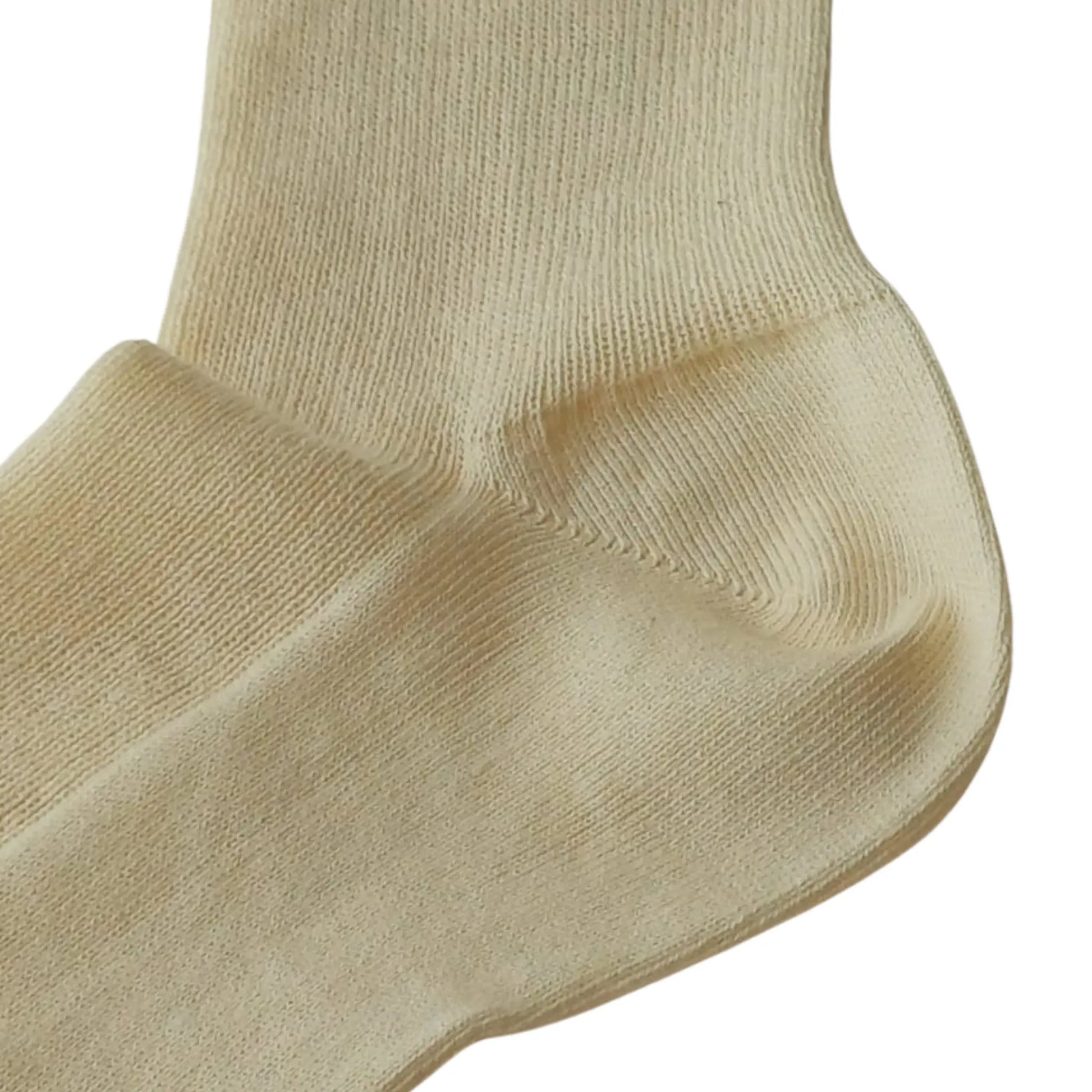 Close-up of heel and stitching on Laura organic cotton sock in undyed colour