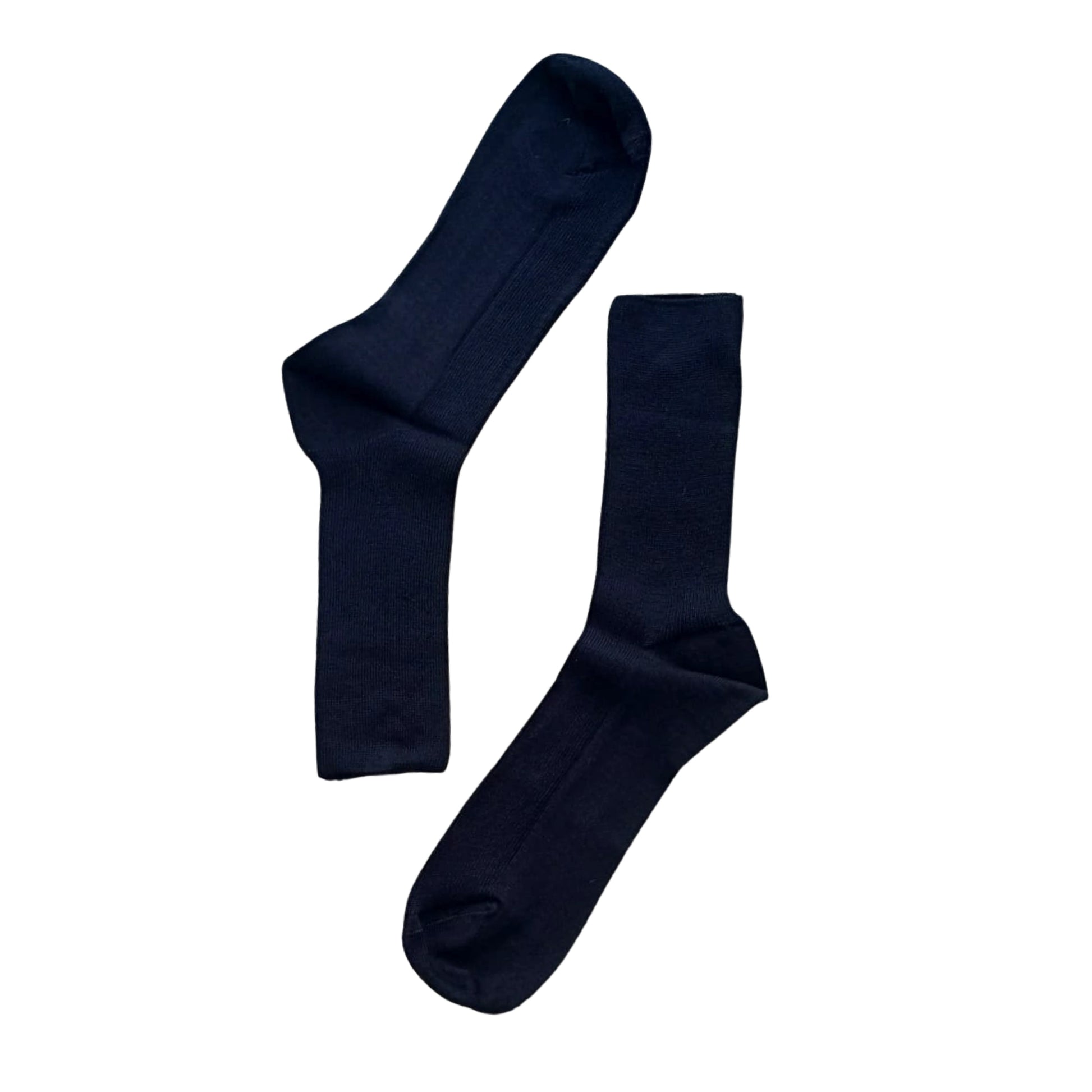 Pair of navy organic cotton socks displayed flat on white background