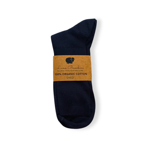 Navy socks with Lana Bambini label reading 100% organic cotton dyed