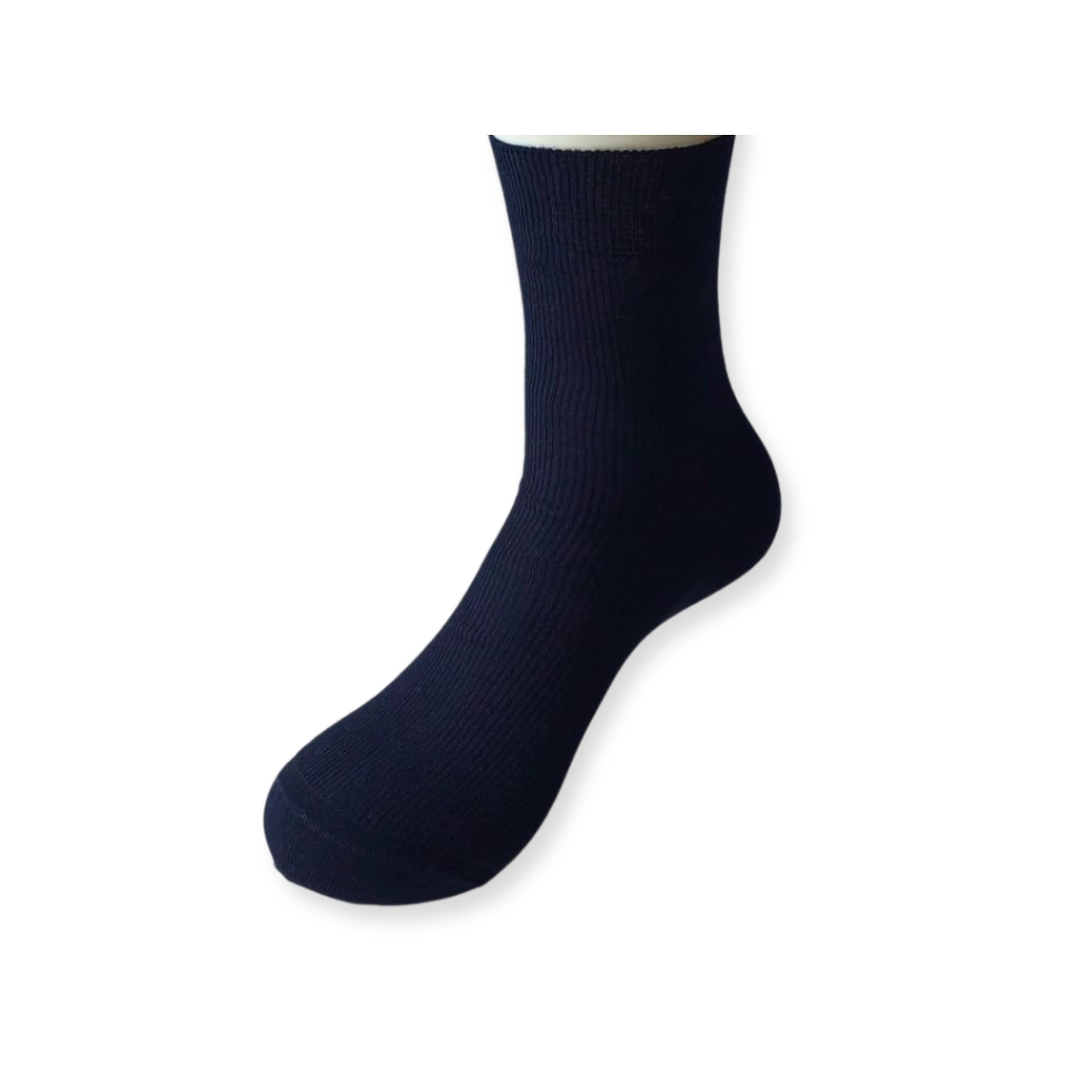 Side view of navy socks made from 100% organic cotton