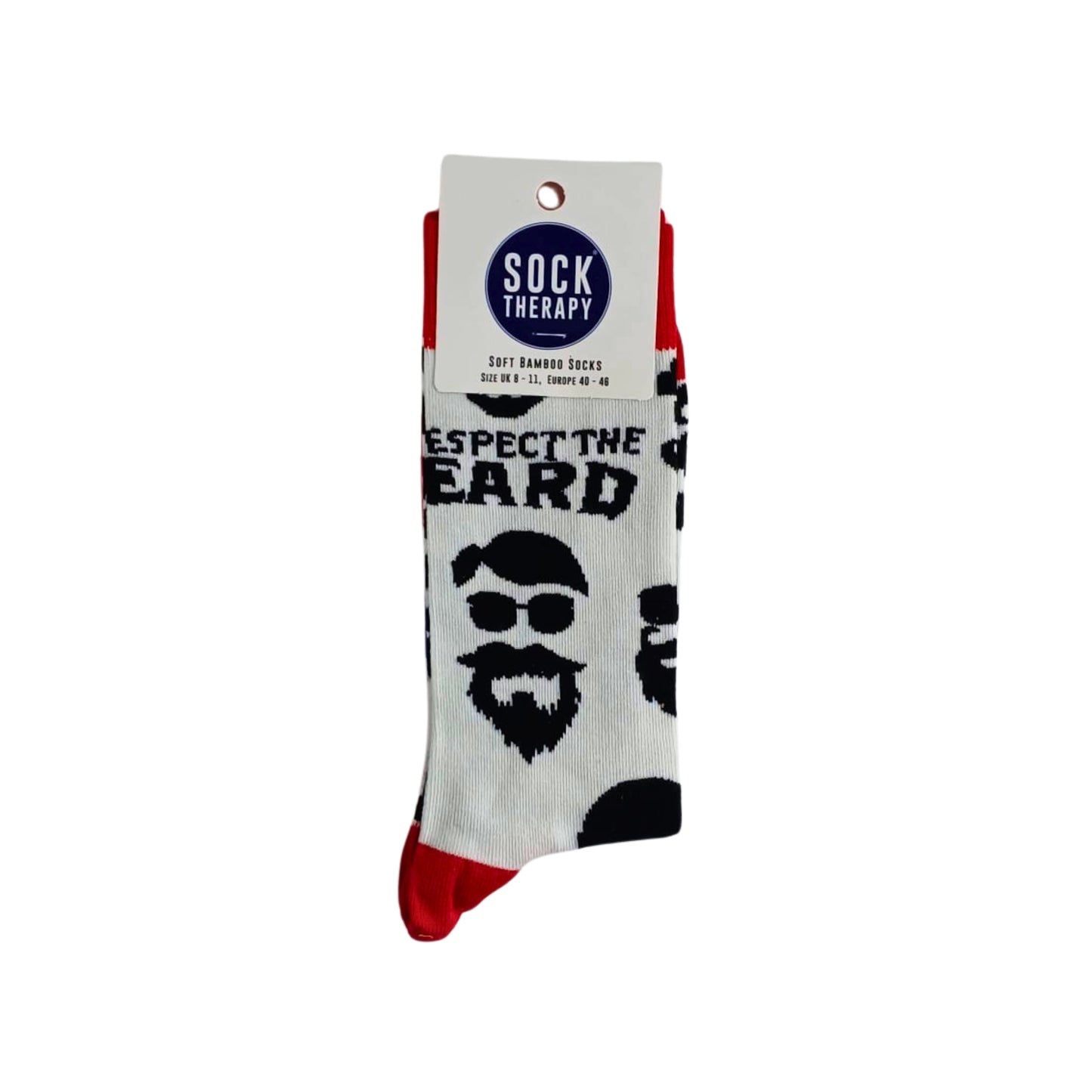 Respect the Beard bamboo socks in Sock Therapy packaging on a white background.