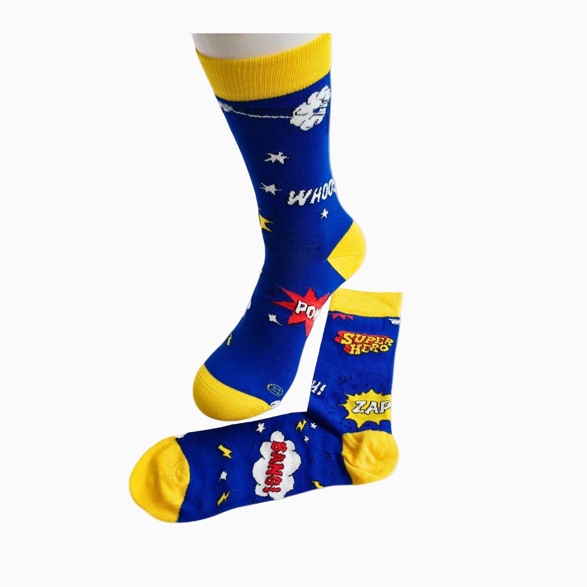 Super Hero bamboo socks UK 8–11, blue with yellow cuffs and bold comic print POW, ZAP and SUPER HERO, shown on mannequin with flat lay pair on white background