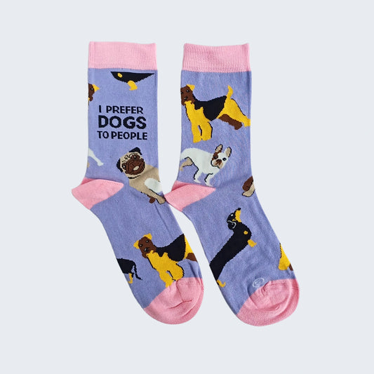I Prefer Dogs To People bamboo socks, lilac with pink cuffs and dog pattern, flat lay, UK 4–7
