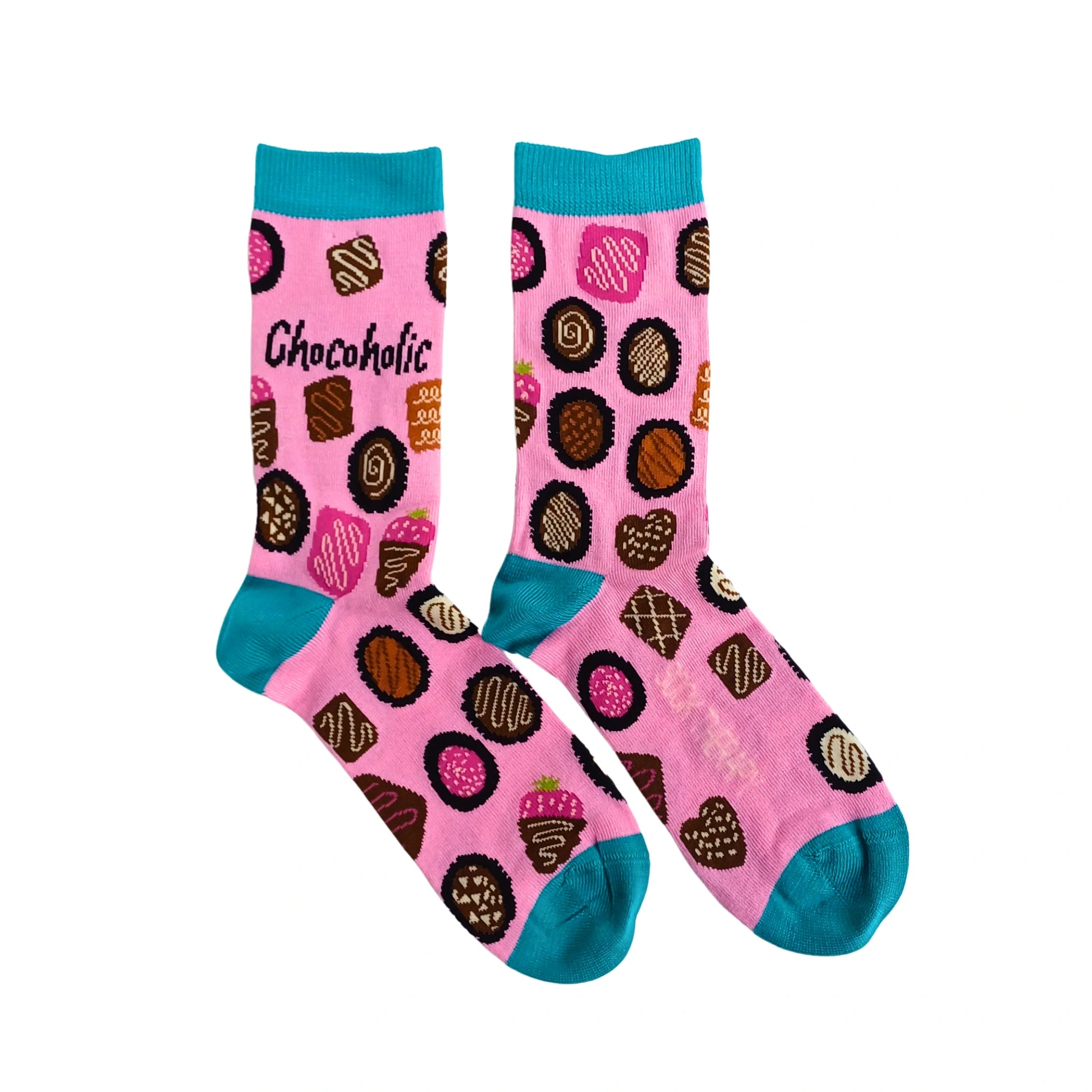 Pink bamboo socks with chocolate truffle pattern flat lay – Chocoholic design UK 4–7