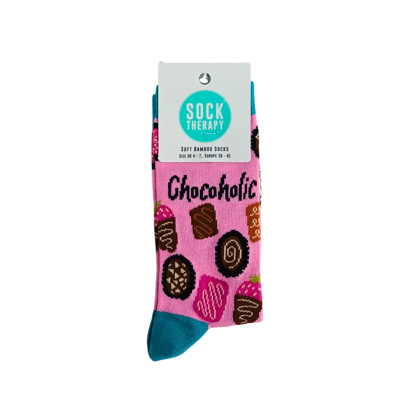 Chocoholic bamboo socks in packaging with pink and brown chocolate print – eco-friendly gift