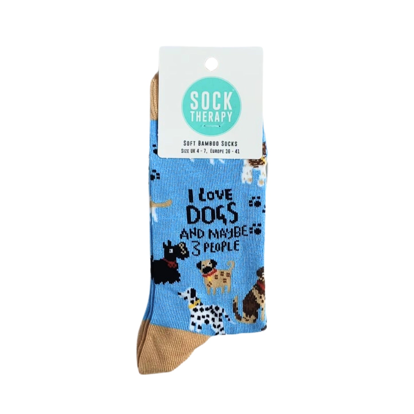 Bamboo socks in packaging with slogan “I love dogs and maybe 3 people”