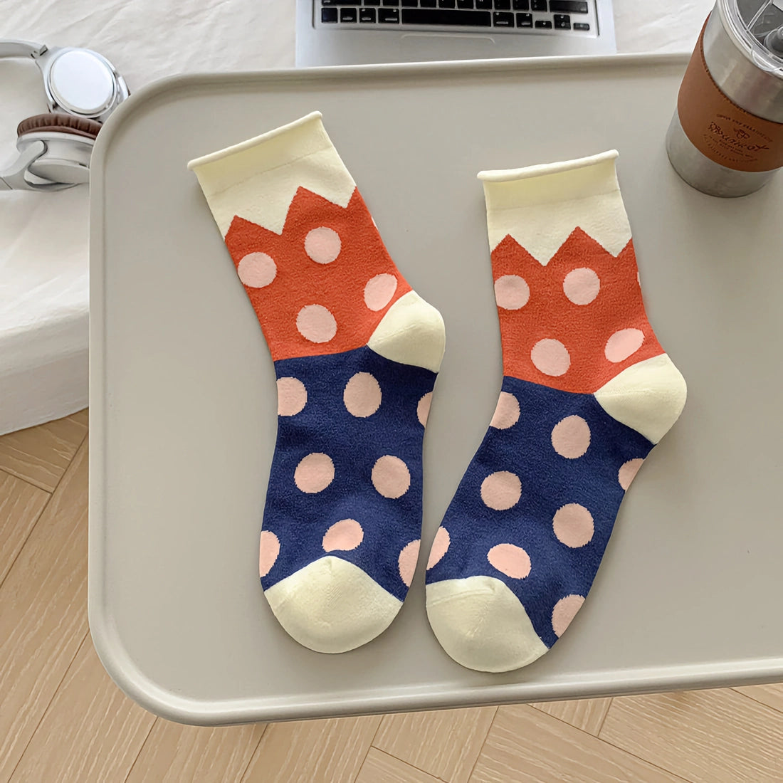 All-Season Polka Dot Cotton Socks - Trendy Rolled Cuff Style