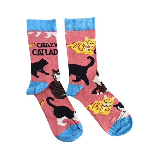 Crazy Cat Lady bamboo socks flat lay – pink socks with cat designs
