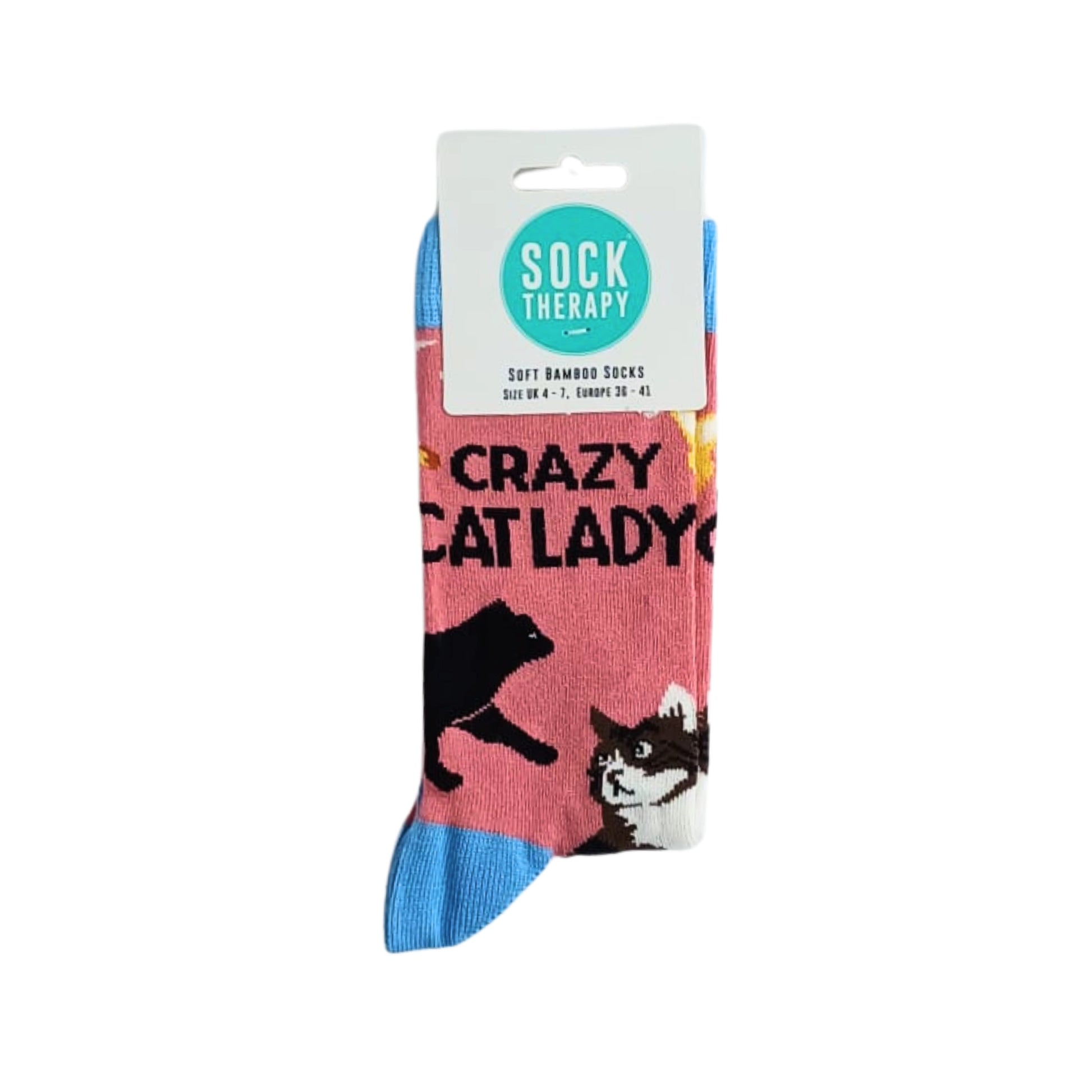 Crazy Cat Lady bamboo socks with packaging label – Sock Therapy brand