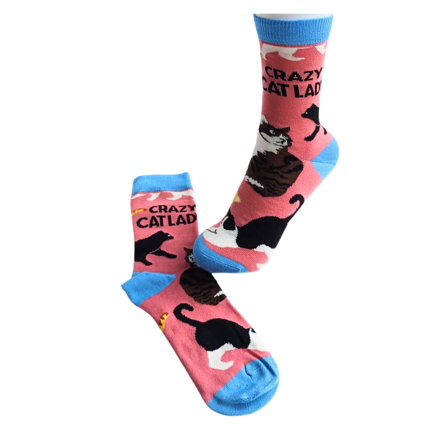 Crazy Cat Lady bamboo socks styled on mannequin – pink with colourful cats