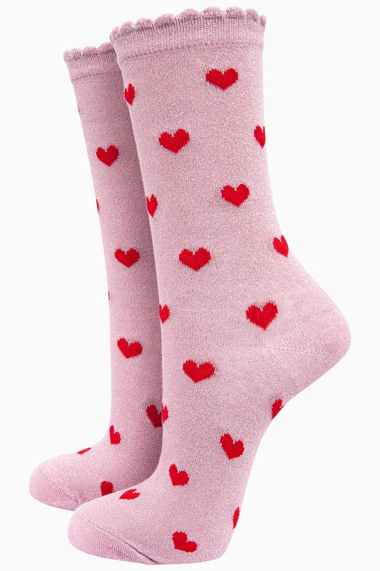 Sparkling Glitter Red Hearts Print Socks With A Scalloped Cuff 