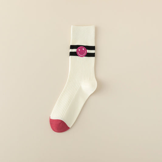 White Cotton Women's Socks with smiley Face