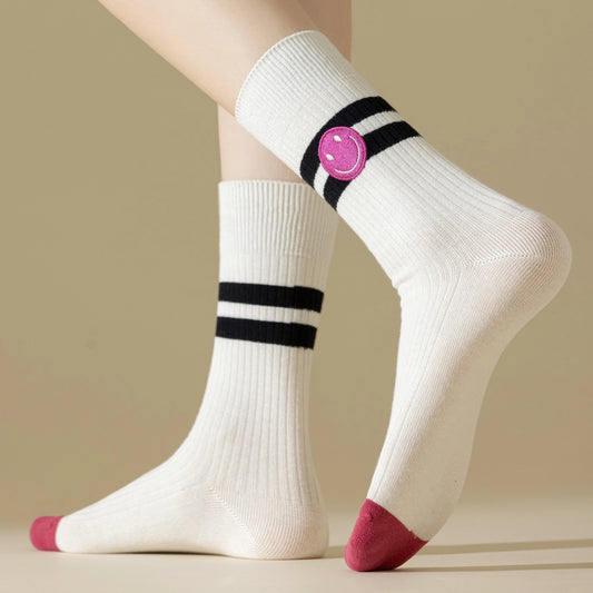 White Cotton Women's Socks with smiley Face 