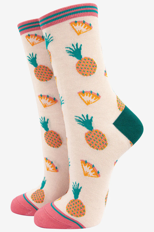 Women's Bamboo Socks Pineapples, Cream Bamboo