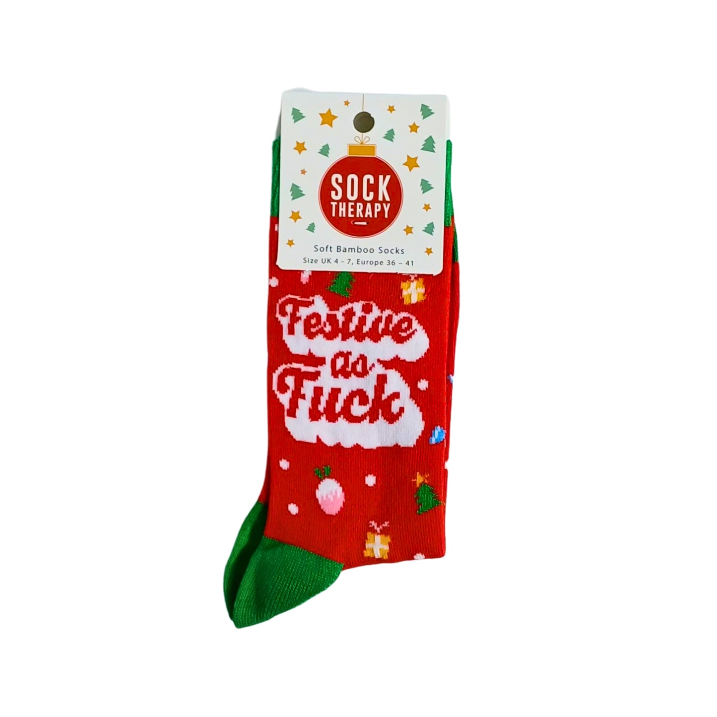 Red sock with 'Festive as F*ck' text on packaging, Funny Christmas bamboo socks 