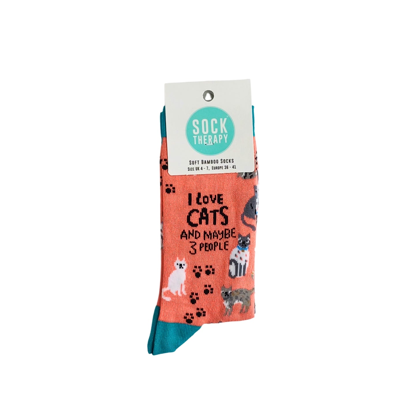 Cheeky cat lover bamboo socks shown with Sock Therapy packaging label.