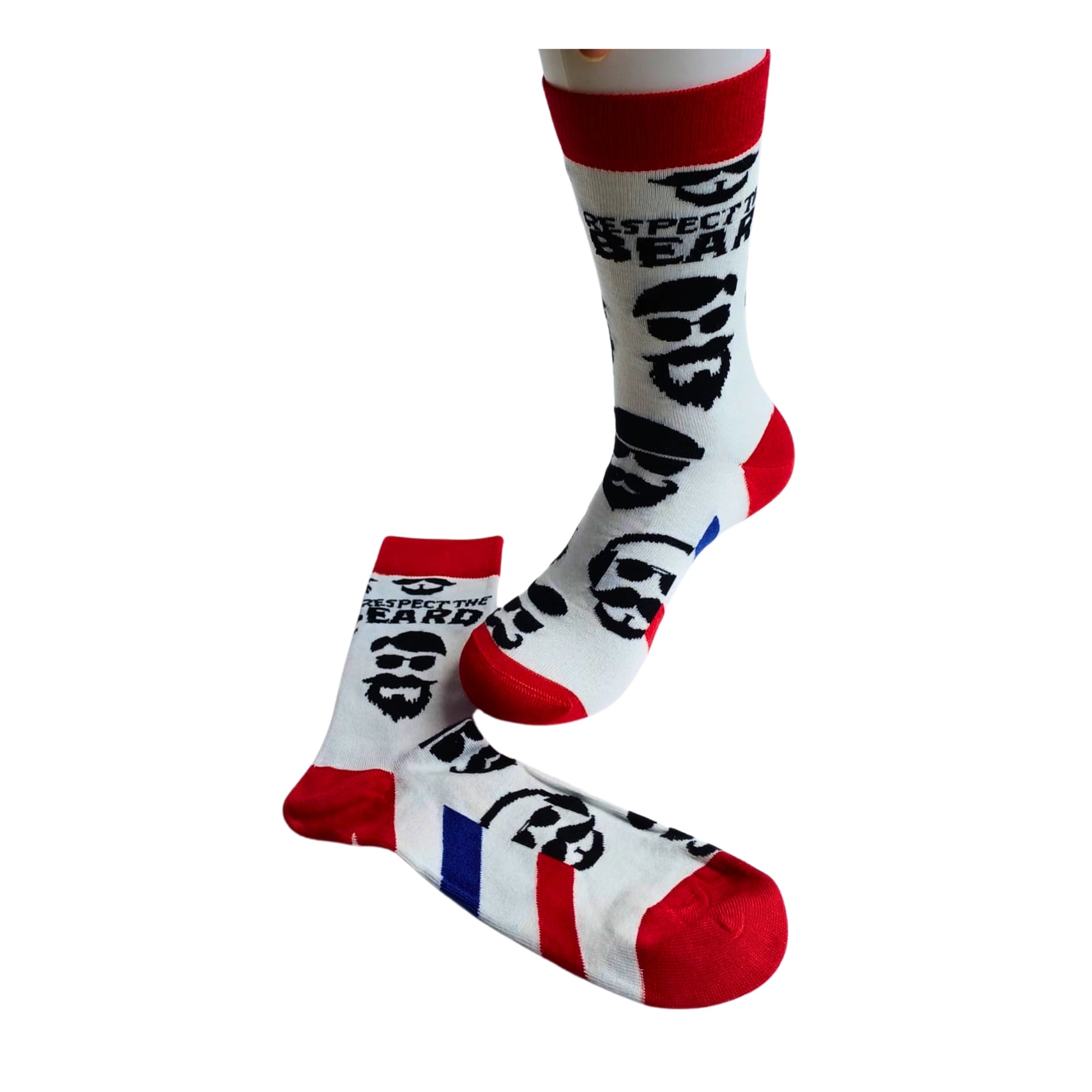 Respect the Beard bamboo socks in red, white and black with beard and moustache print on a white background.