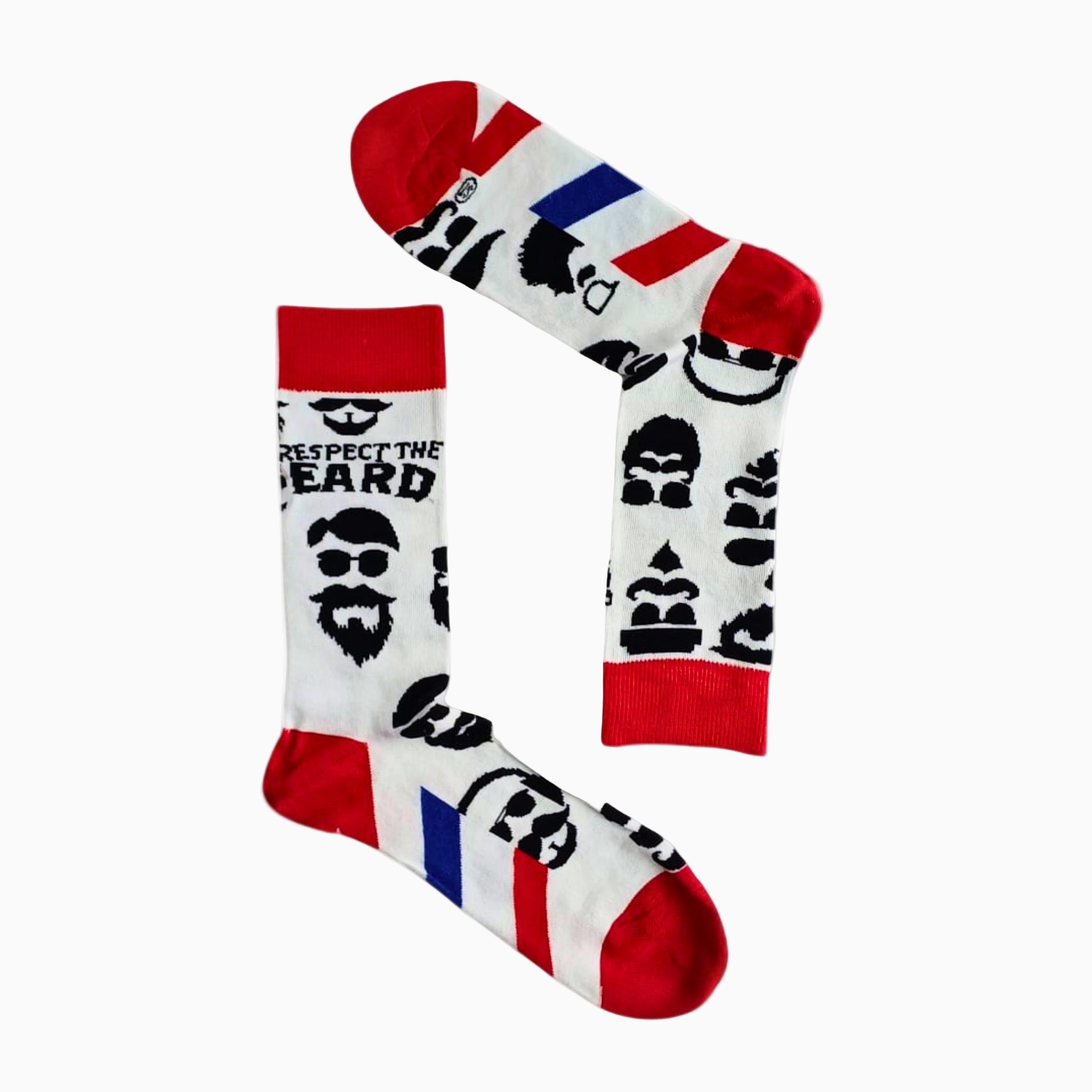 Respect the Beard bamboo socks shown on mannequin leg with novelty beard and glasses design.