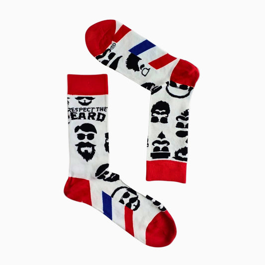 Respect the Beard bamboo socks shown on mannequin leg with novelty beard and glasses design.