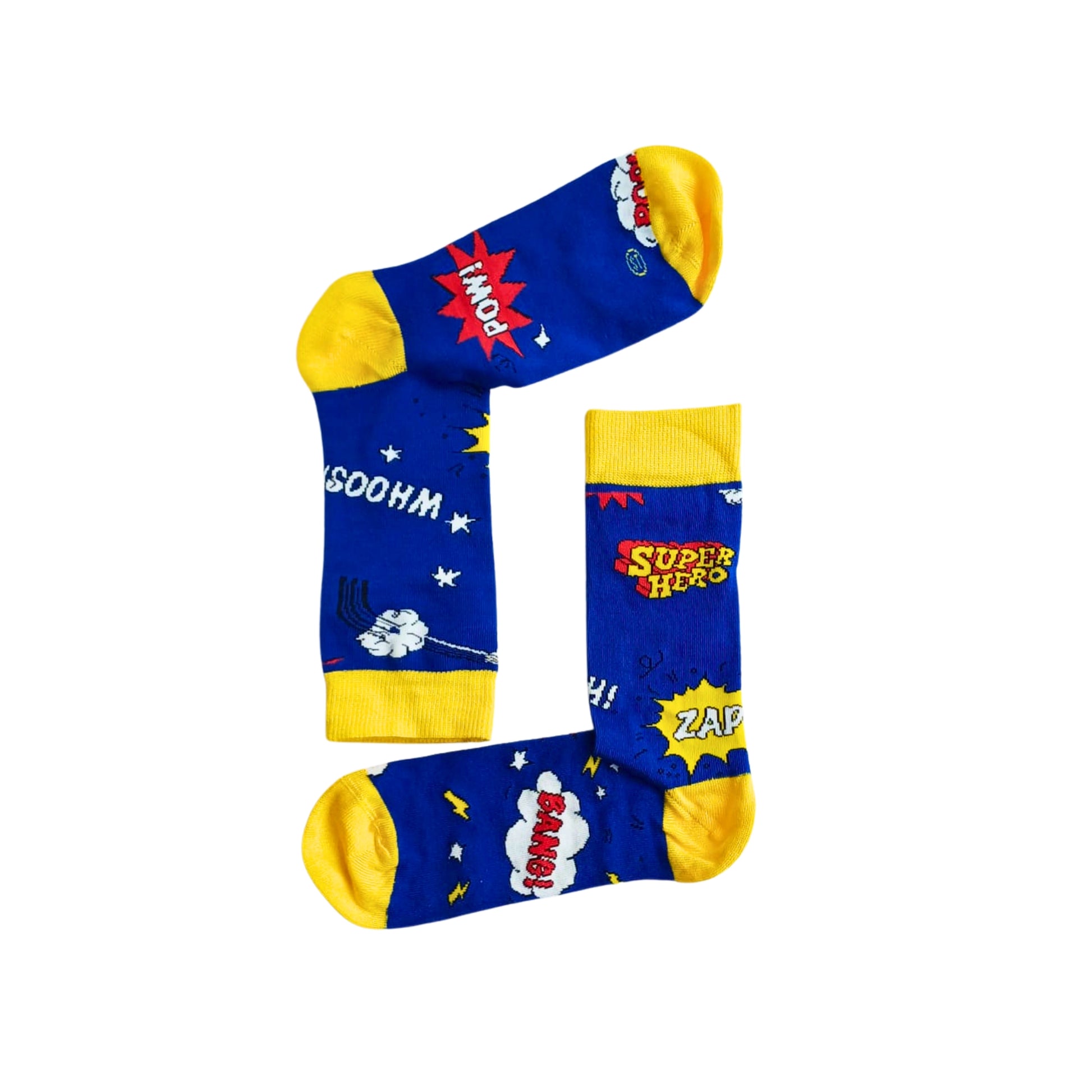 Flat lay of Super Hero bamboo socks in blue with yellow cuffs and comic print POW, WHOOSH, ZAP and BANG design.