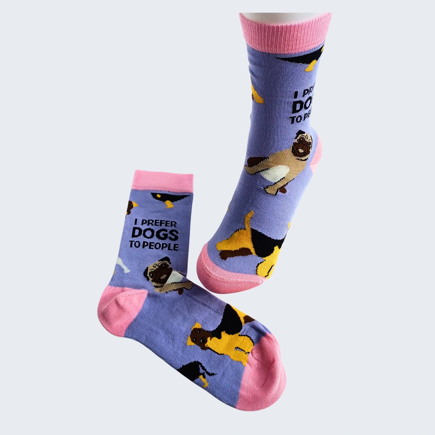 I Prefer Dogs To People bamboo socks on mannequin leg, lilac with pink trim and dog motif, UK 4–7