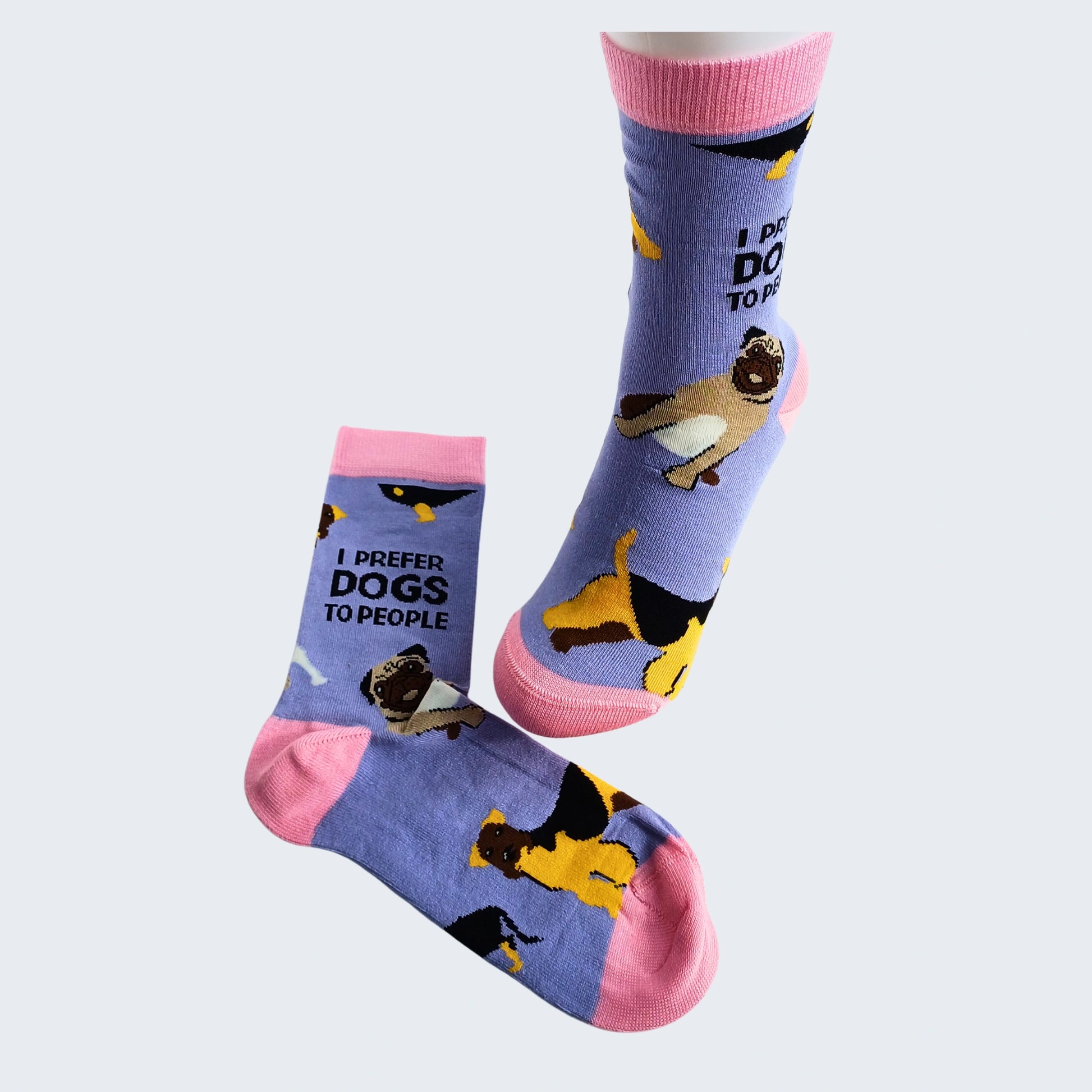 I Prefer Dogs To People bamboo socks on mannequin leg, lilac with pink trim and dog motif, UK 4–7