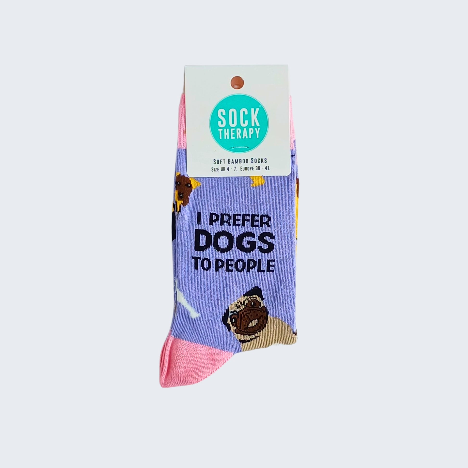 I Prefer Dogs To People bamboo socks by Sock Therapy, packaged pair with label, UK 4–7