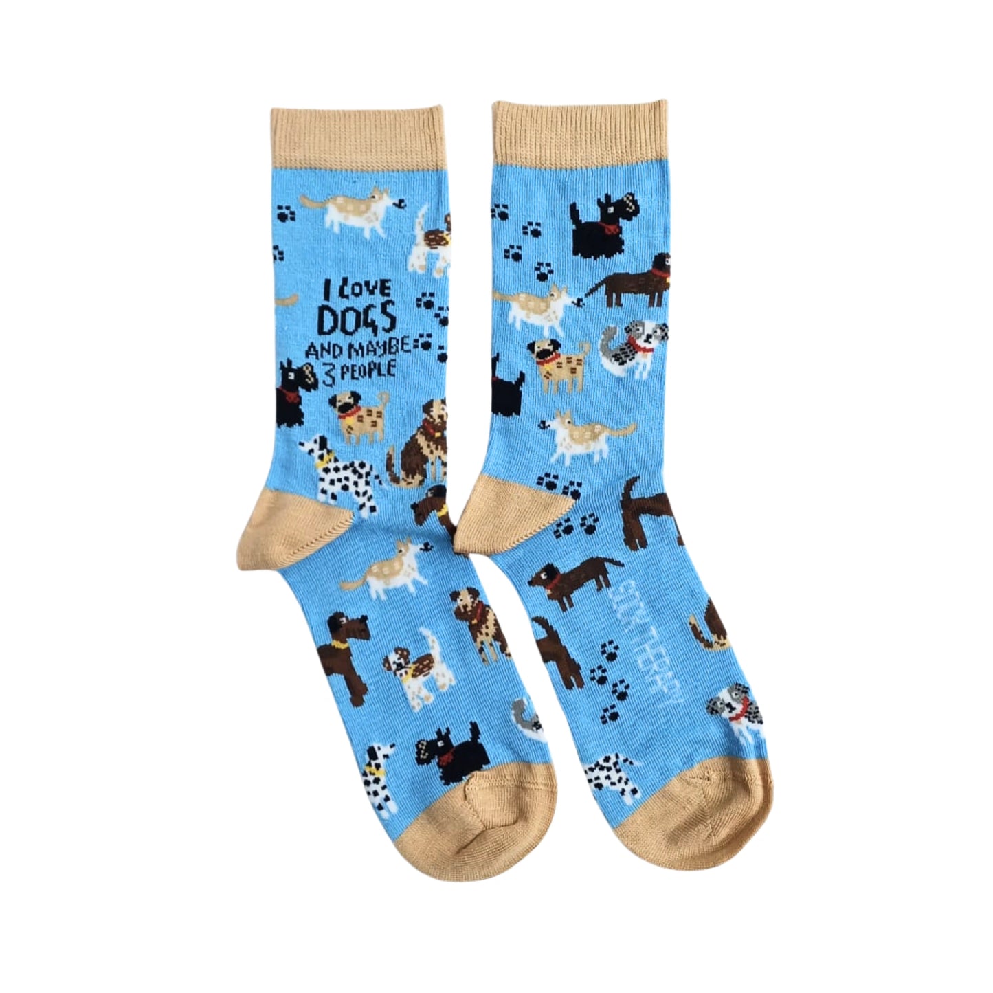 Funny “I love dogs and maybe 3 people” bamboo socks, blue with paw prints and dog illustrations