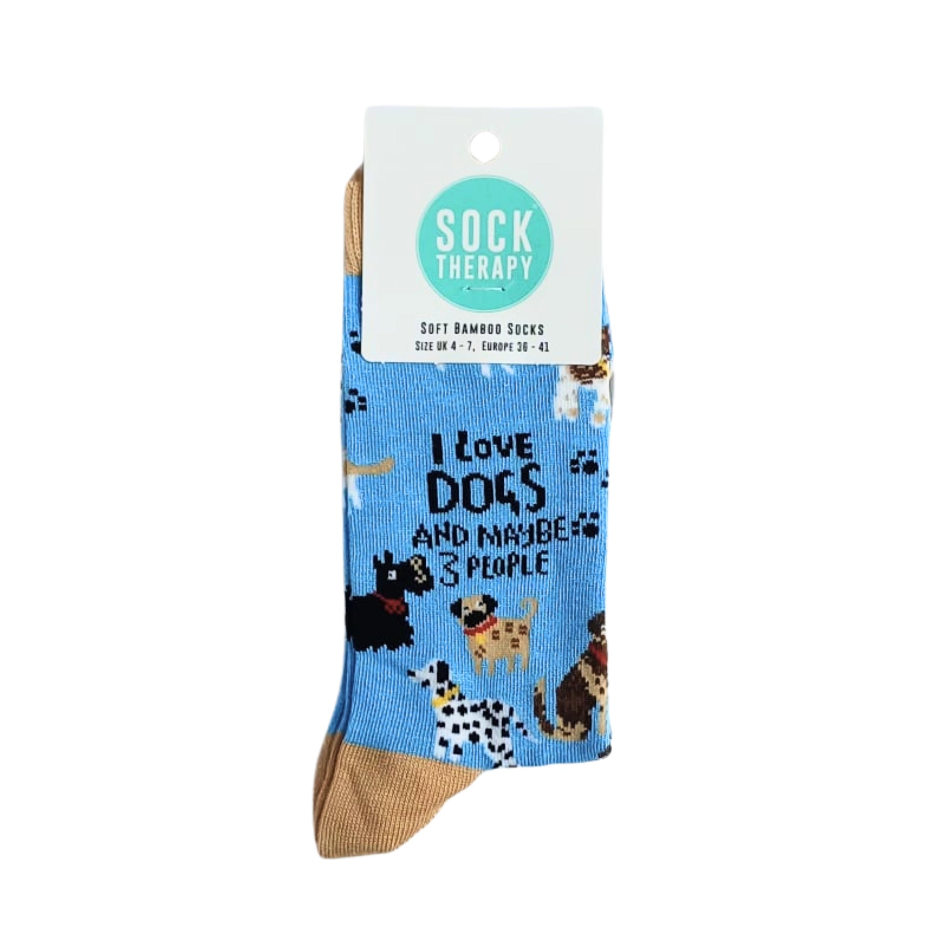 Bamboo socks in packaging with slogan “I love dogs and maybe 3 people”