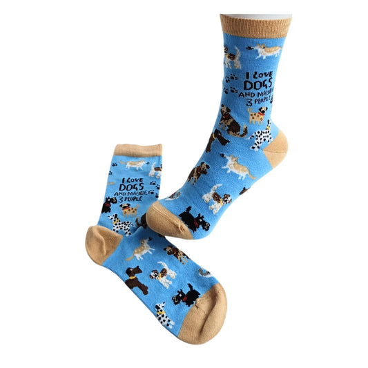 Funny blue dog print socks with slogan, breathable bamboo gift for dog lovers